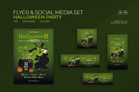 Download Halloween Party Flyer &amp; Social Media Set - Set Collection