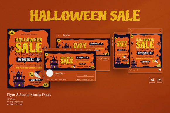 Download Halloween Sale Flyer &amp; Social Media Set - Set Collection