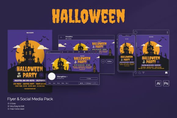 Download Halloween Party Flyer &amp; Social Media Set - Set Collection